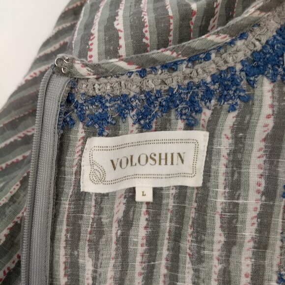 Voloshin Striped Embroidered Detail Shift Midi Dress Linen Cotton Blend Sz Large - Picture 9 of 15